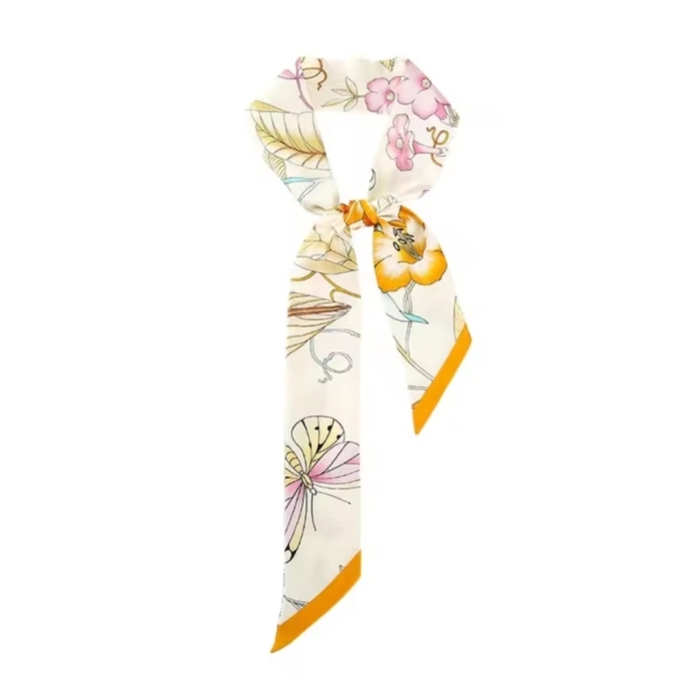 Floral Silk Scarf with Orange Trim